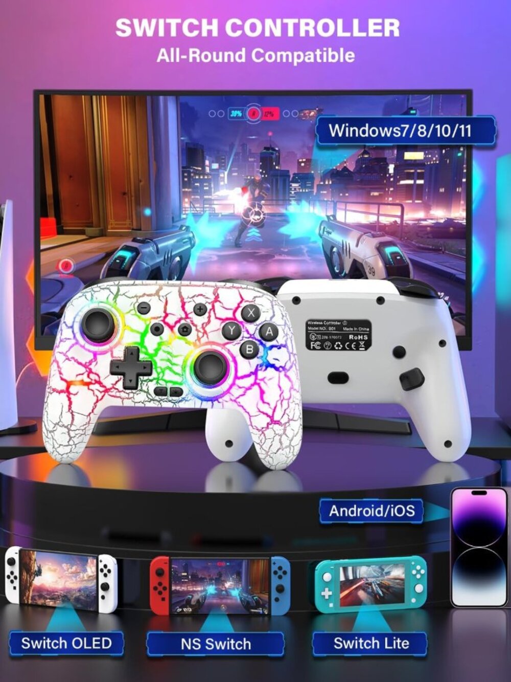 Wireless Switch Controller for Nintendo Switch/OLED/Lite - 1000mAh, LED Lights - Picture 2 of 8